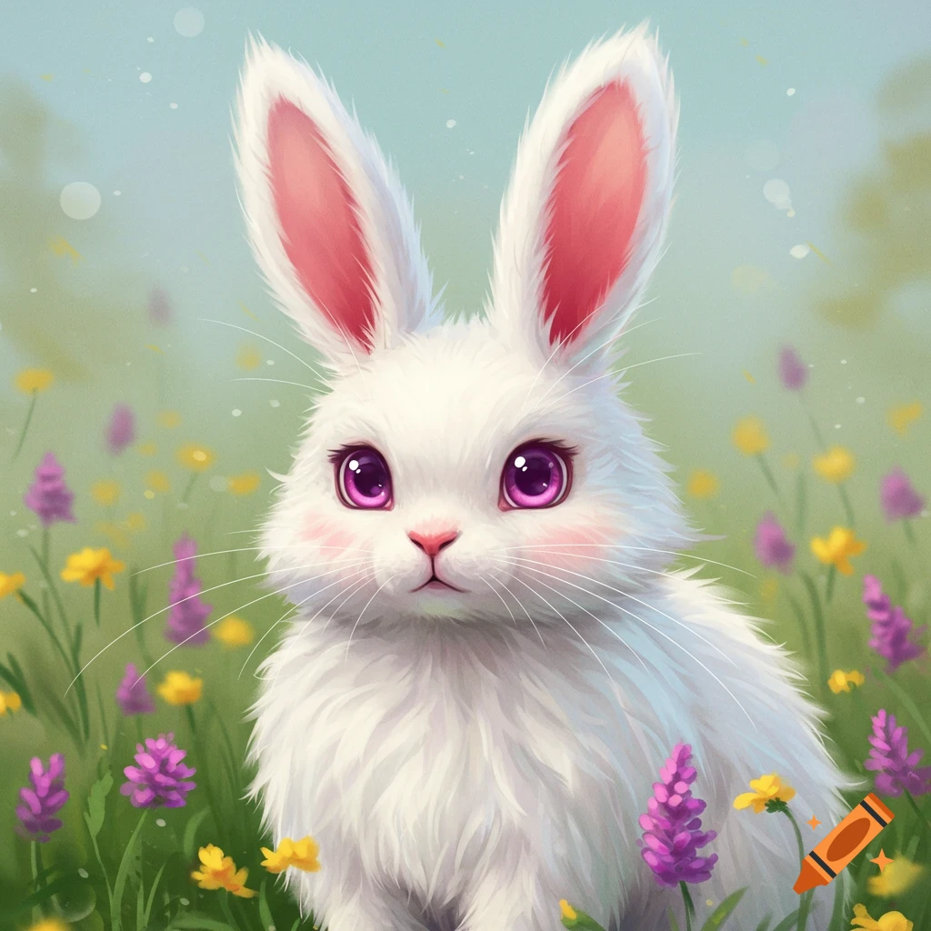 A white bunny with large pink eyes sits among yellow and purple flowers in a field.