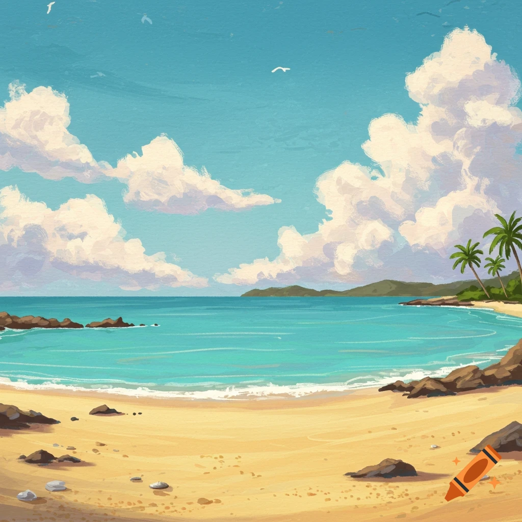 Tropical beach scene with turquoise water, yellow sand, palm trees, and clouds