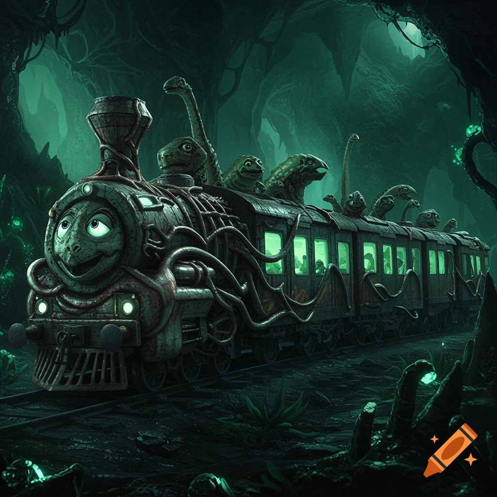 A surreal biomechanical train carries dinosaurs through a dark, glowing cave.