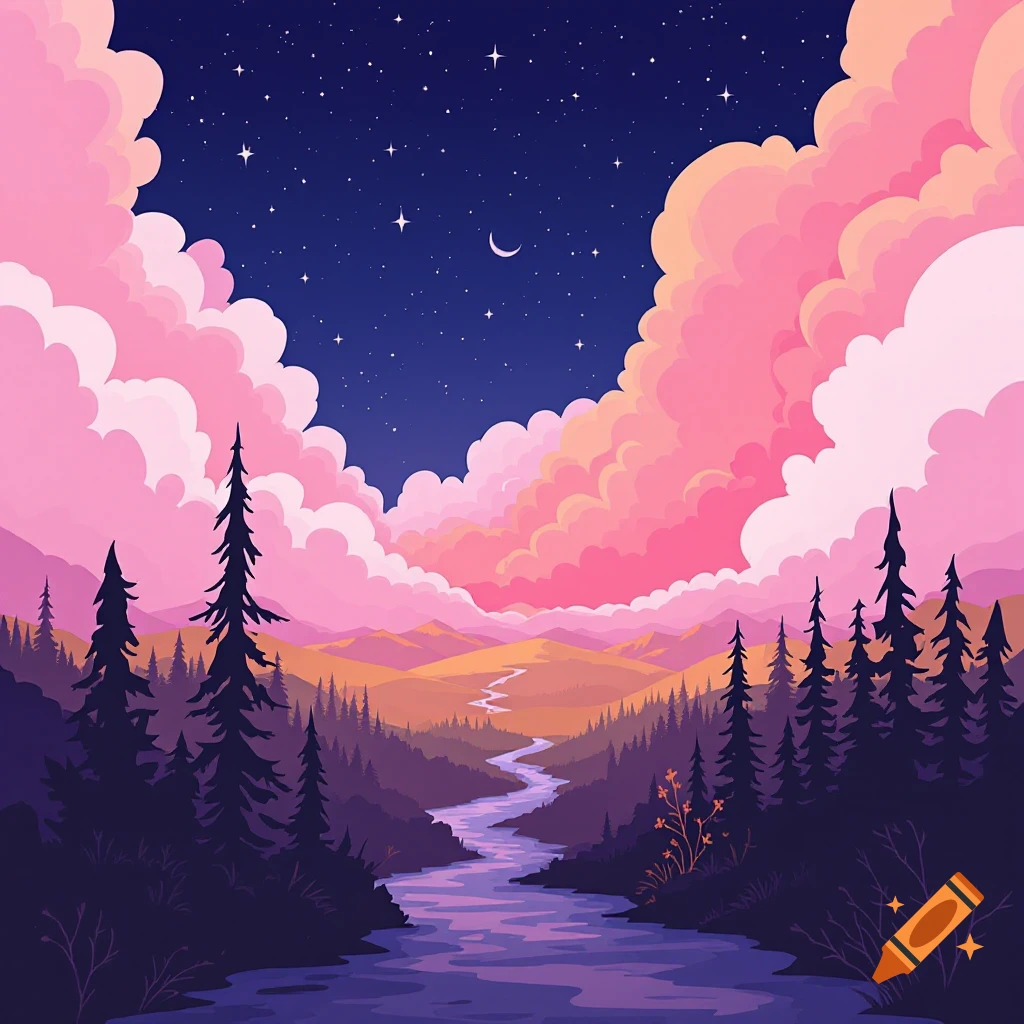 A stylized landscape at night with pink clouds, a starry sky, a winding river, and silhouetted trees.
