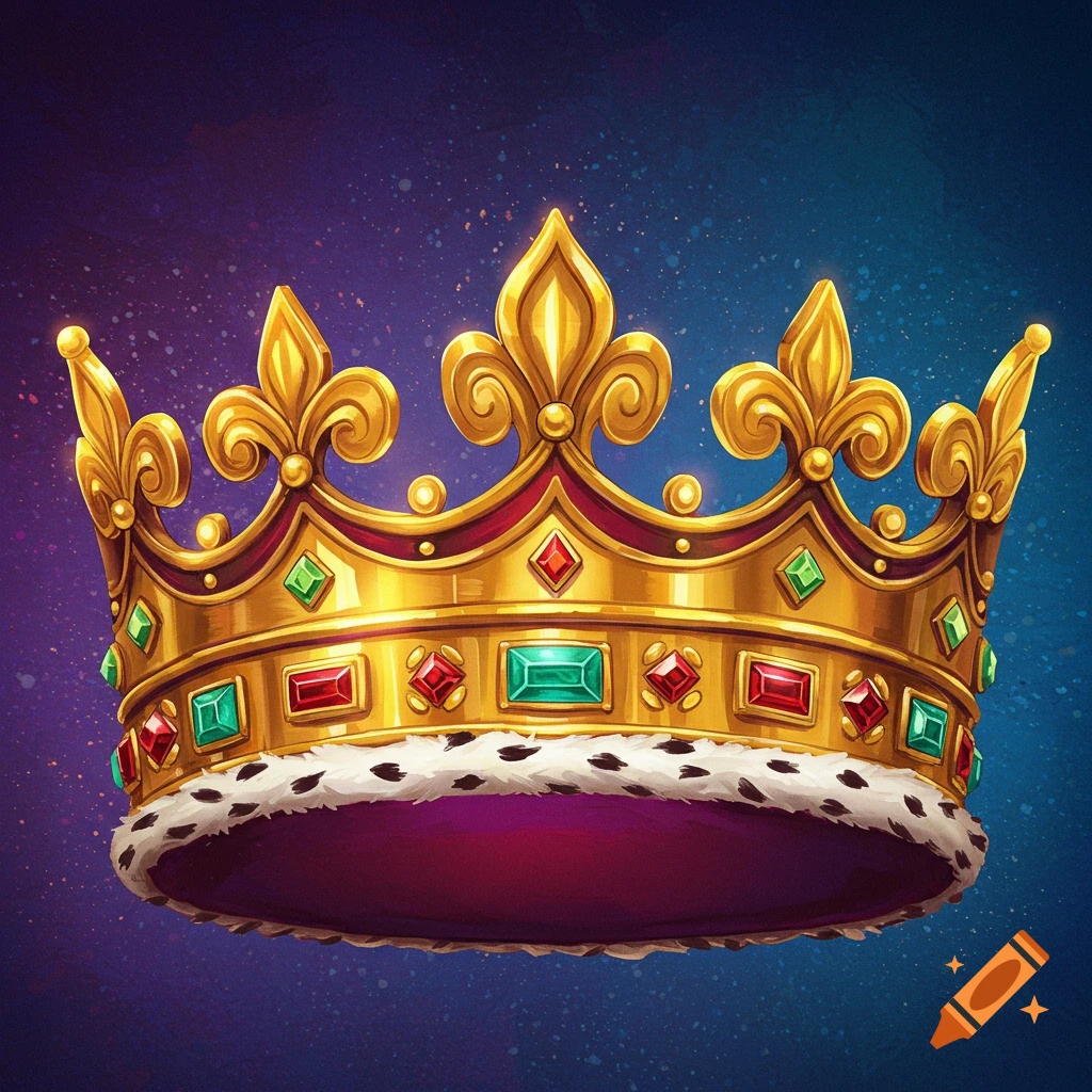 A golden king's crown adorned with red and green jewels and white fur trim, set against a dark purple and blue background.