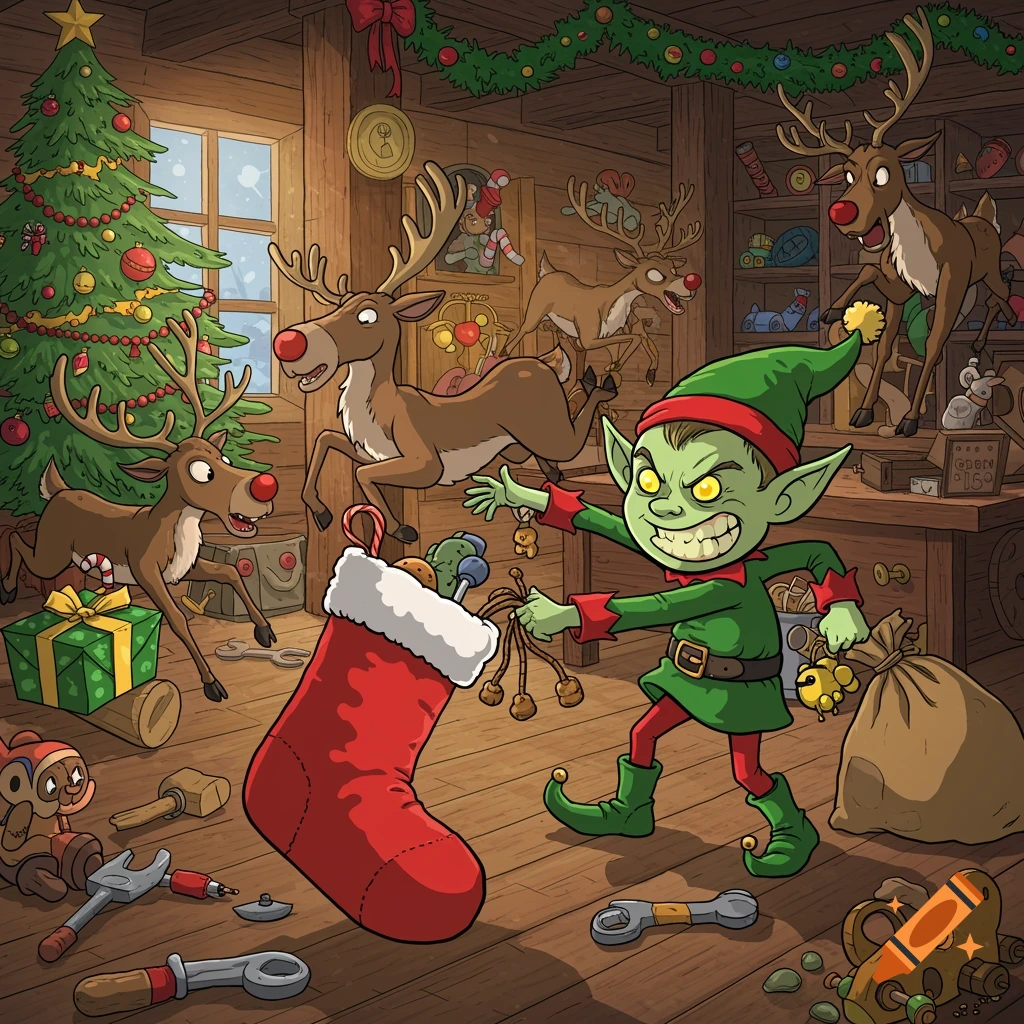 Cartoon illustration of a mischievous elf stealing gifts from a Christmas workshop with reindeer.