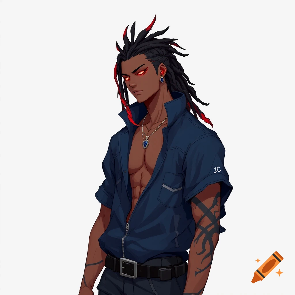 Anime drawing of a man with dark skin, dreads with red tips, and red eyes, wearing an open blue shirt.