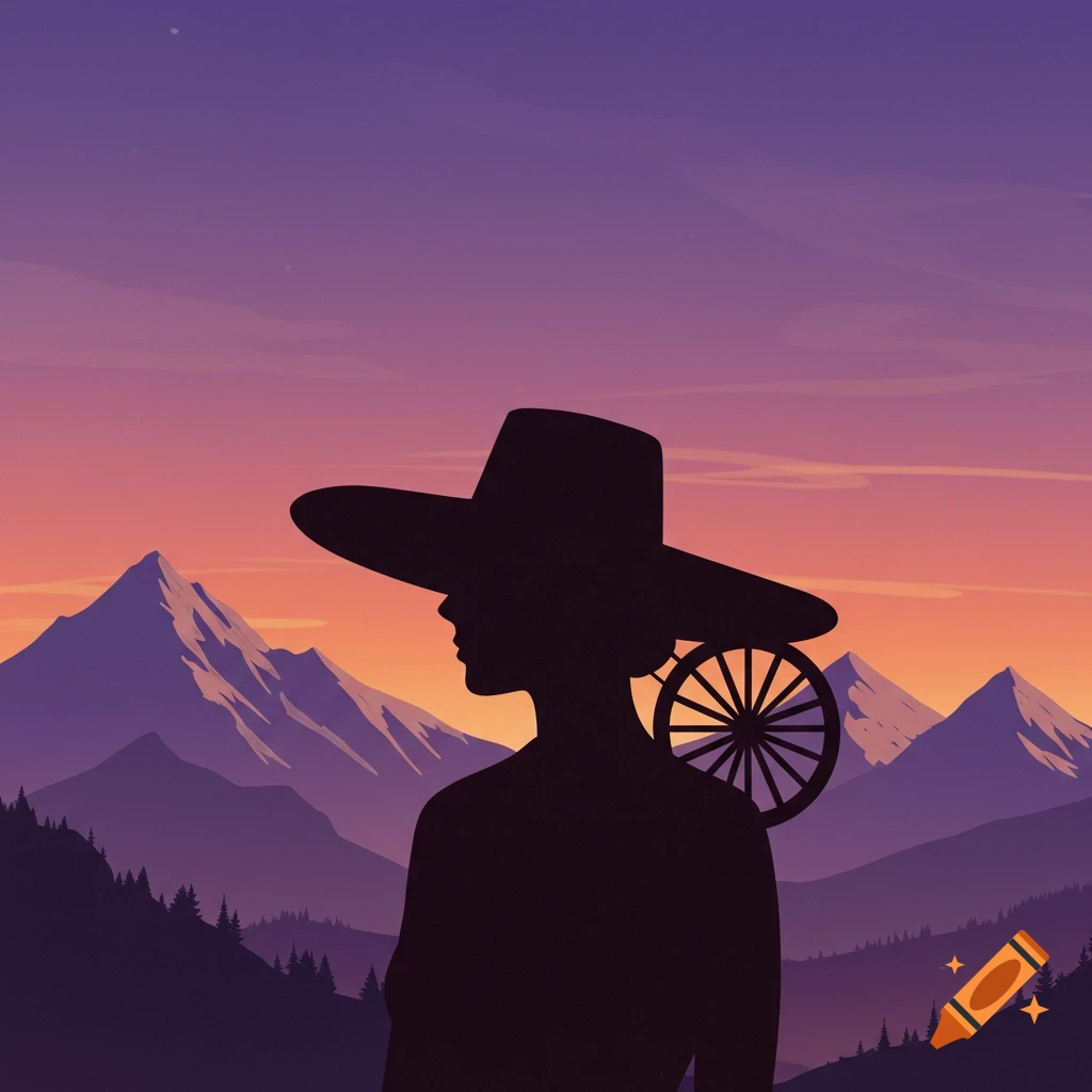 A woman's silhouette in a large hat stands before mountains at sunset.