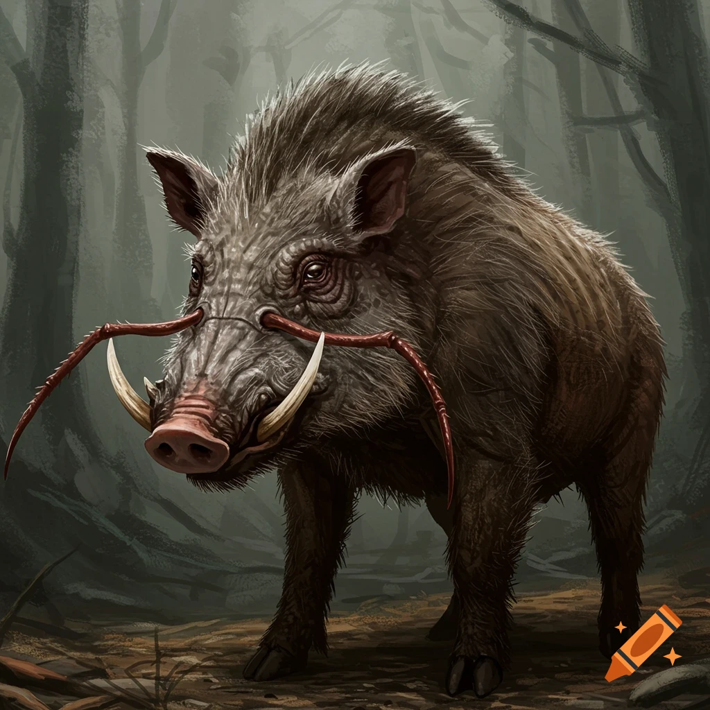 A creature that is a hybrid of a boar and a bed bug stands in a dark forest.