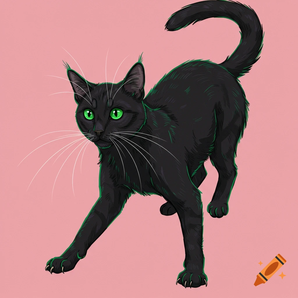 A black cat with bright green eyes reaches out on a pink background. Illustrated.