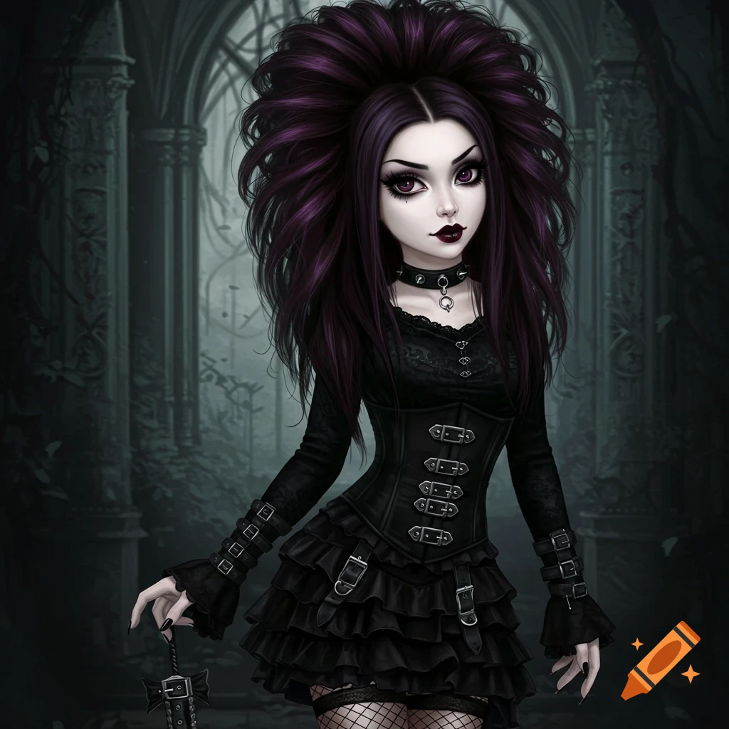 A stylized goth girl with purple hair and black dress stands in a dark, ruined architectural space.