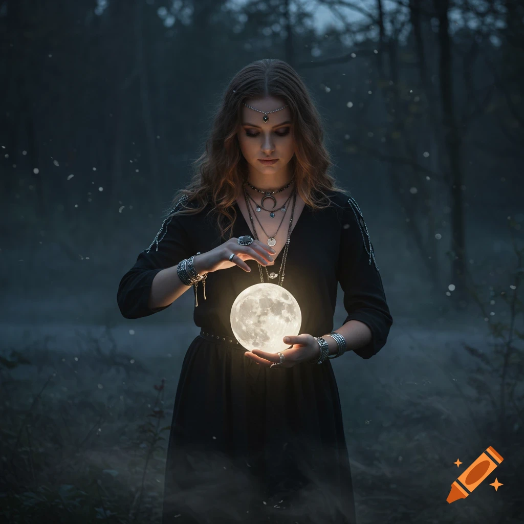 Woman holding a glowing moon in a dark, misty forest