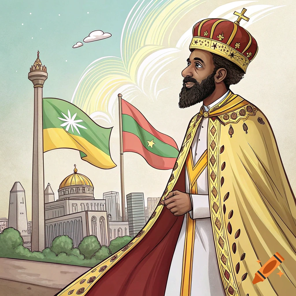 Cartoon portrait of a man in a gold crown and ornate robes standing before buildings and flags.