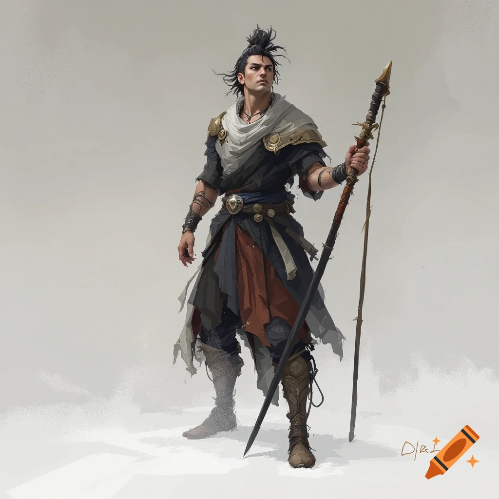 A full-body depiction of a male fantasy character holding a staff, standing against a light background.