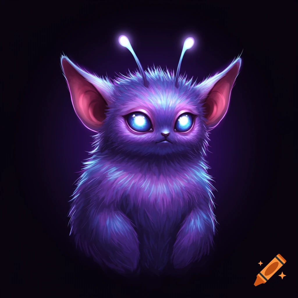 A fluffy purple creature with glowing blue eyes and antennae.