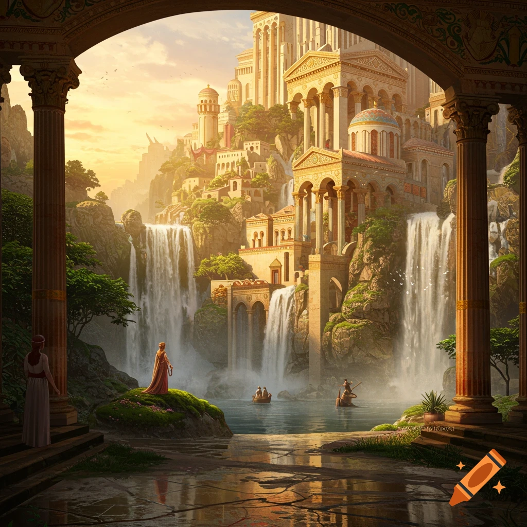 A fantasy city built on waterfalls during golden hour, featuring classical architecture and people.