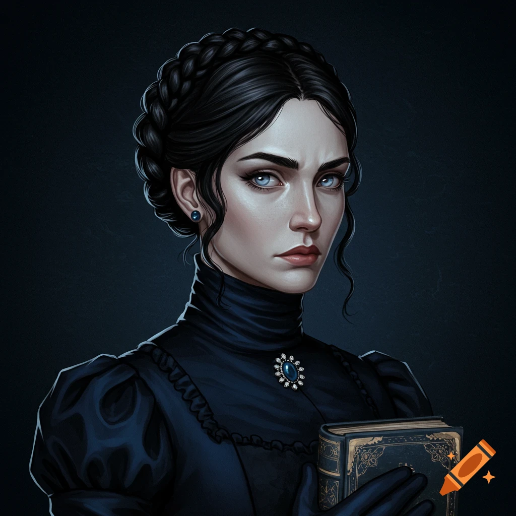 Painted portrait of a woman in a dark blue historical dress holding a book.