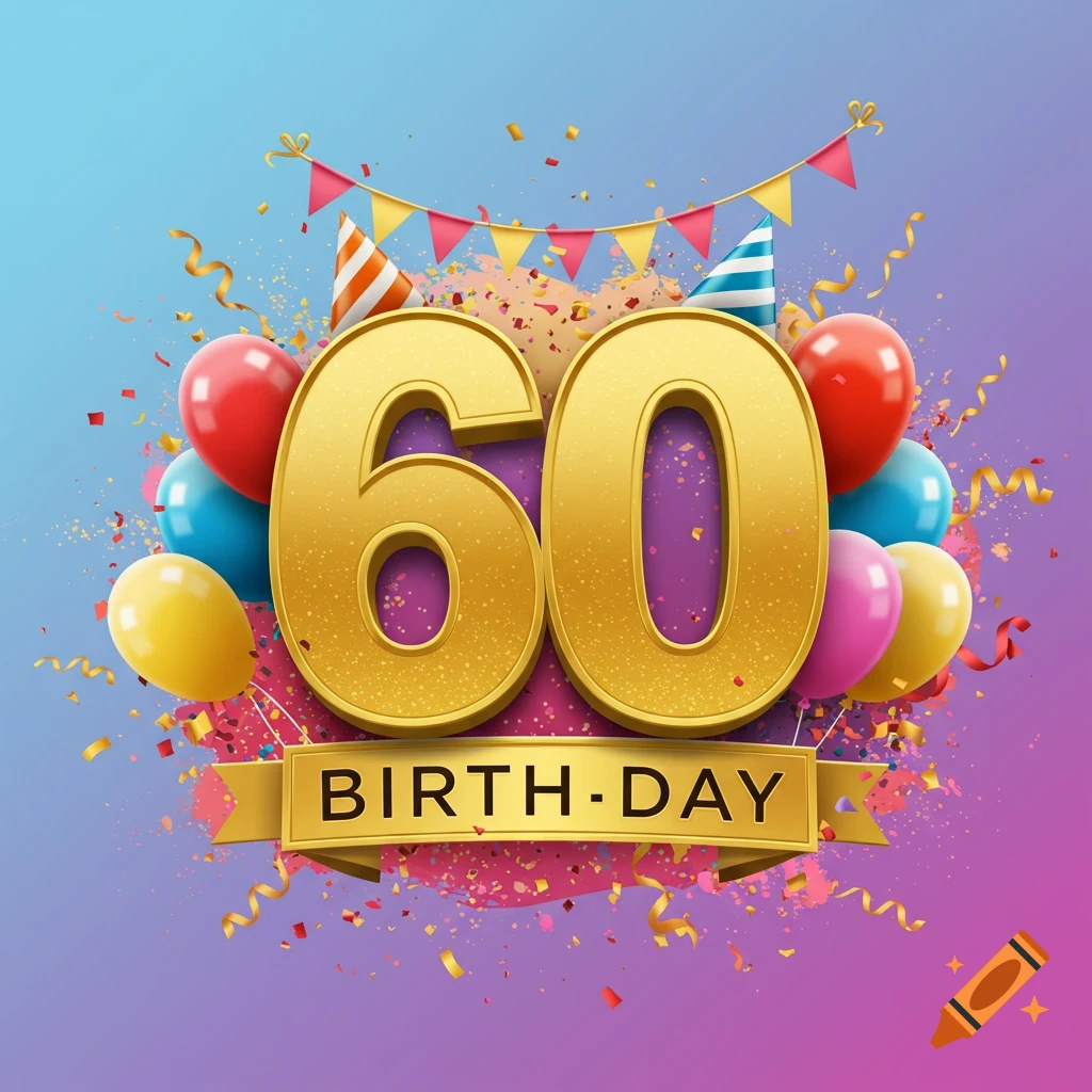 Large gold 60 with balloons, confetti, and 'BIRTH-DAY' banner in a celebratory scene.