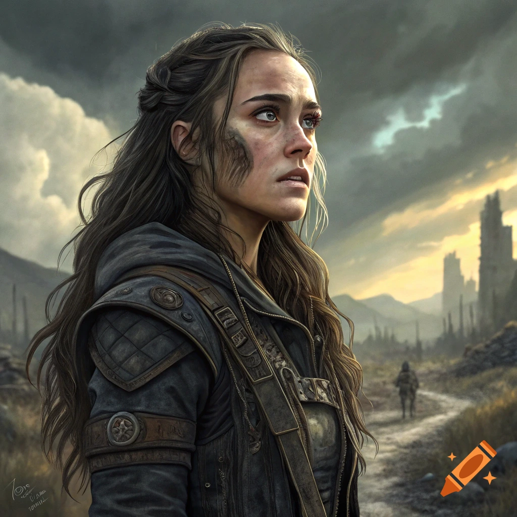 A woman with long dark hair and dirt on her face stands in a post-apocalyptic landscape with ruins.