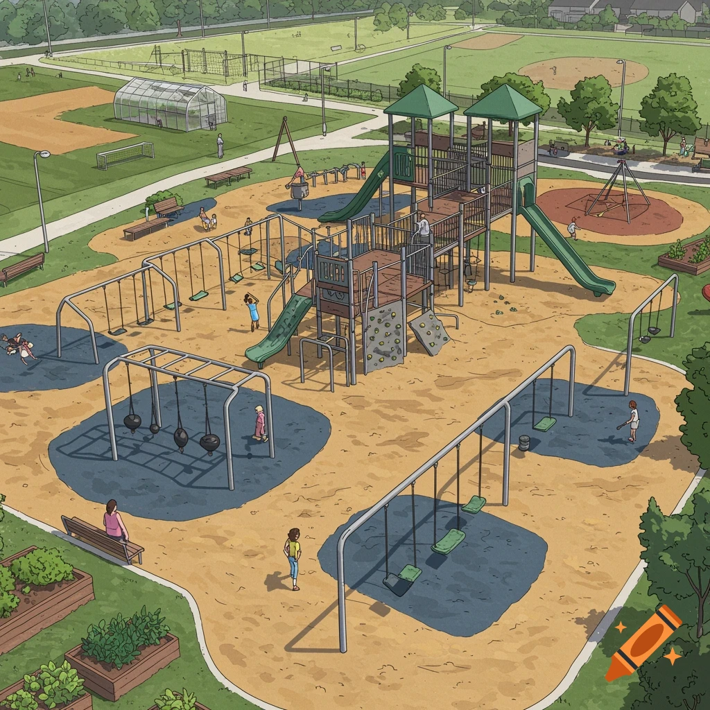 A busy park with a playground, swings, slides, baseball field, soccer fields, greenhouse, and garden boxes.