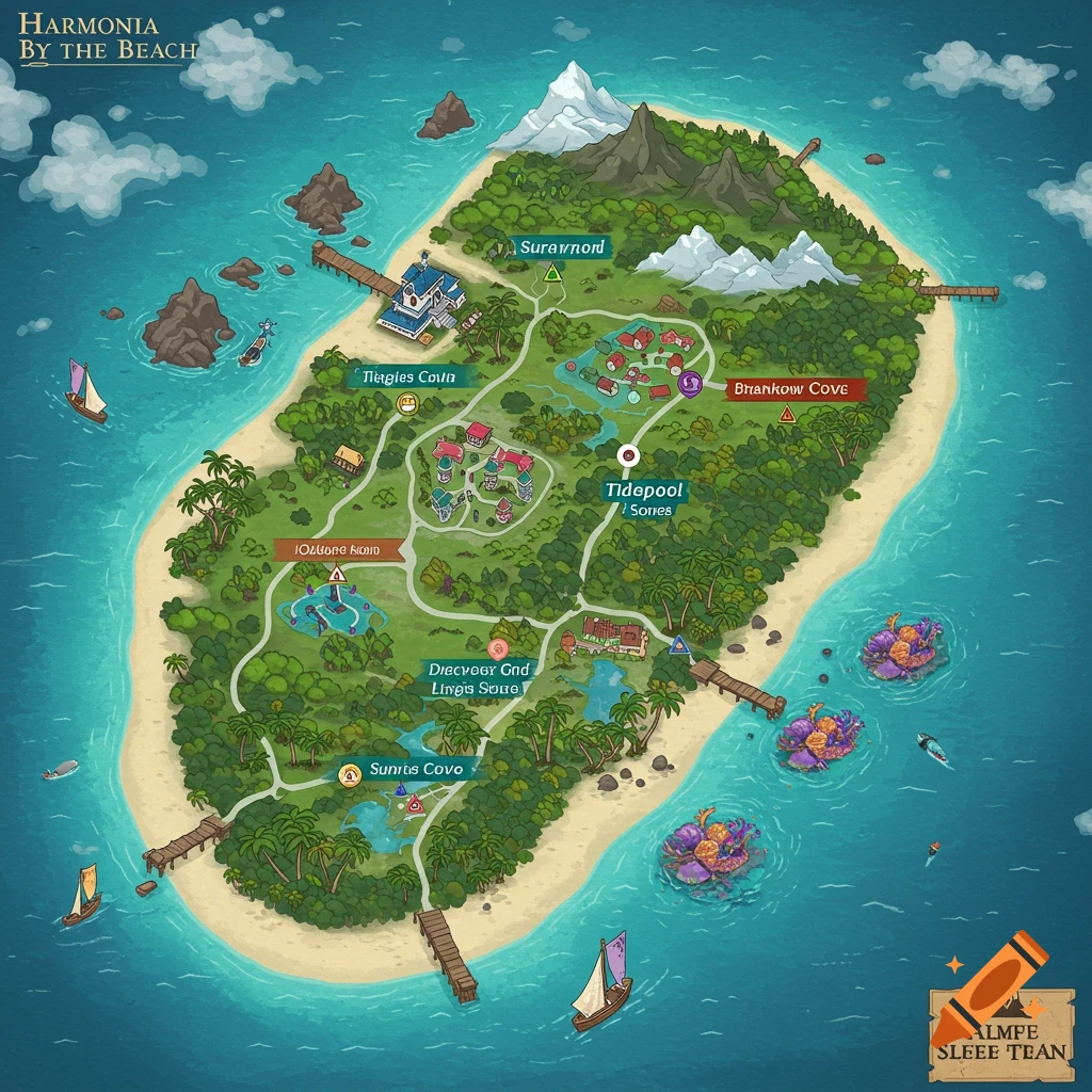 Isometric map of a detailed fantasy island with labels, beaches, palm trees, mountains, buildings, docks, boats, coral reefs.