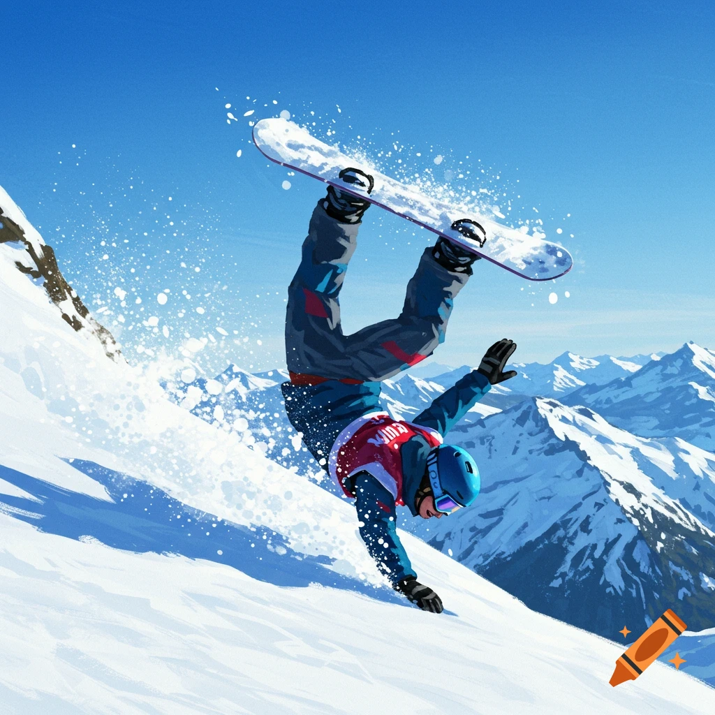 A snowboarder falling headfirst in the mountains.