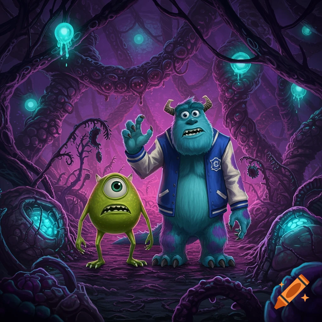Mike and Sulley in a dark, H.R. Giger-style biomechanical monster world.