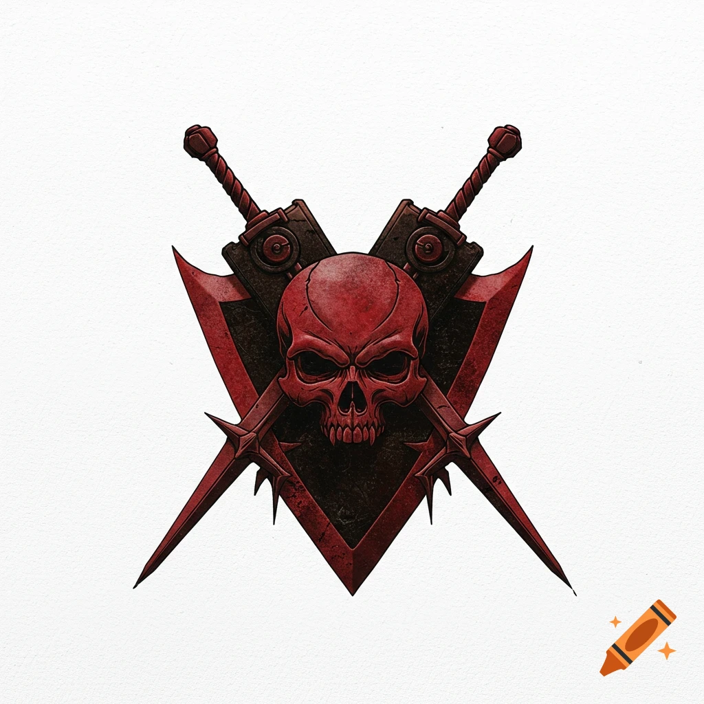 Illustrative red skull with crossed swords over a black triangle symbol.