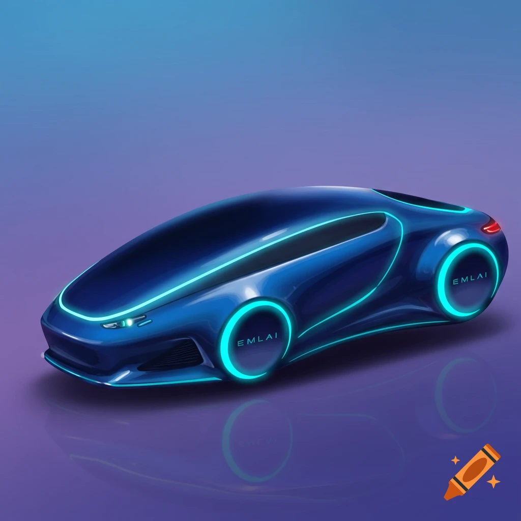 A blue futuristic concept car with glowing blue accents and glowing wheels.