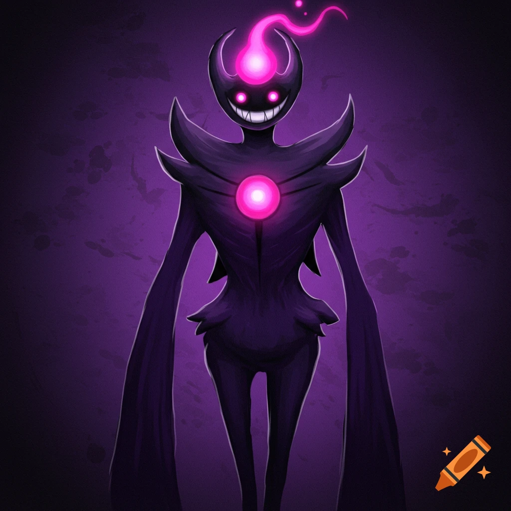 A stylized purple monster with glowing pink eyes, a large smile, and a pink orb on its chest.