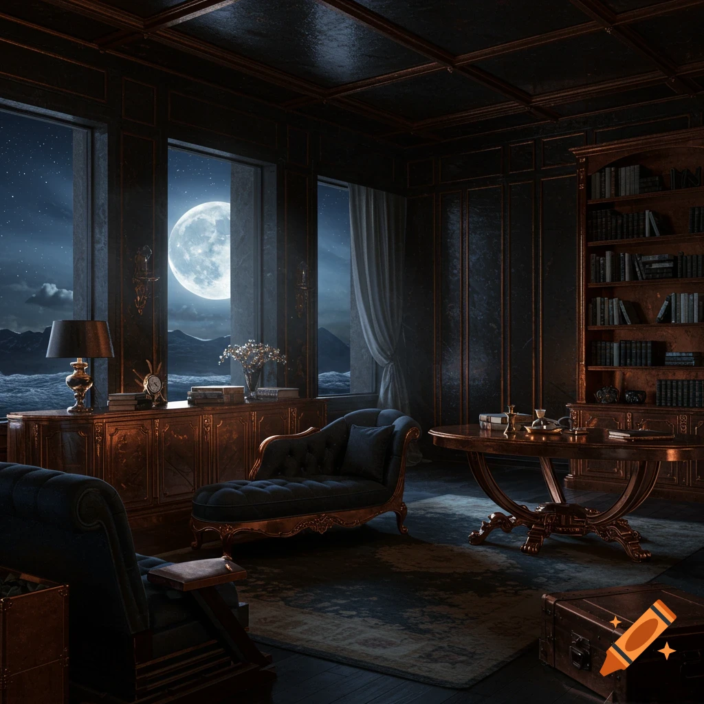 A grand library room overlooks a stormy ocean under a full moon.