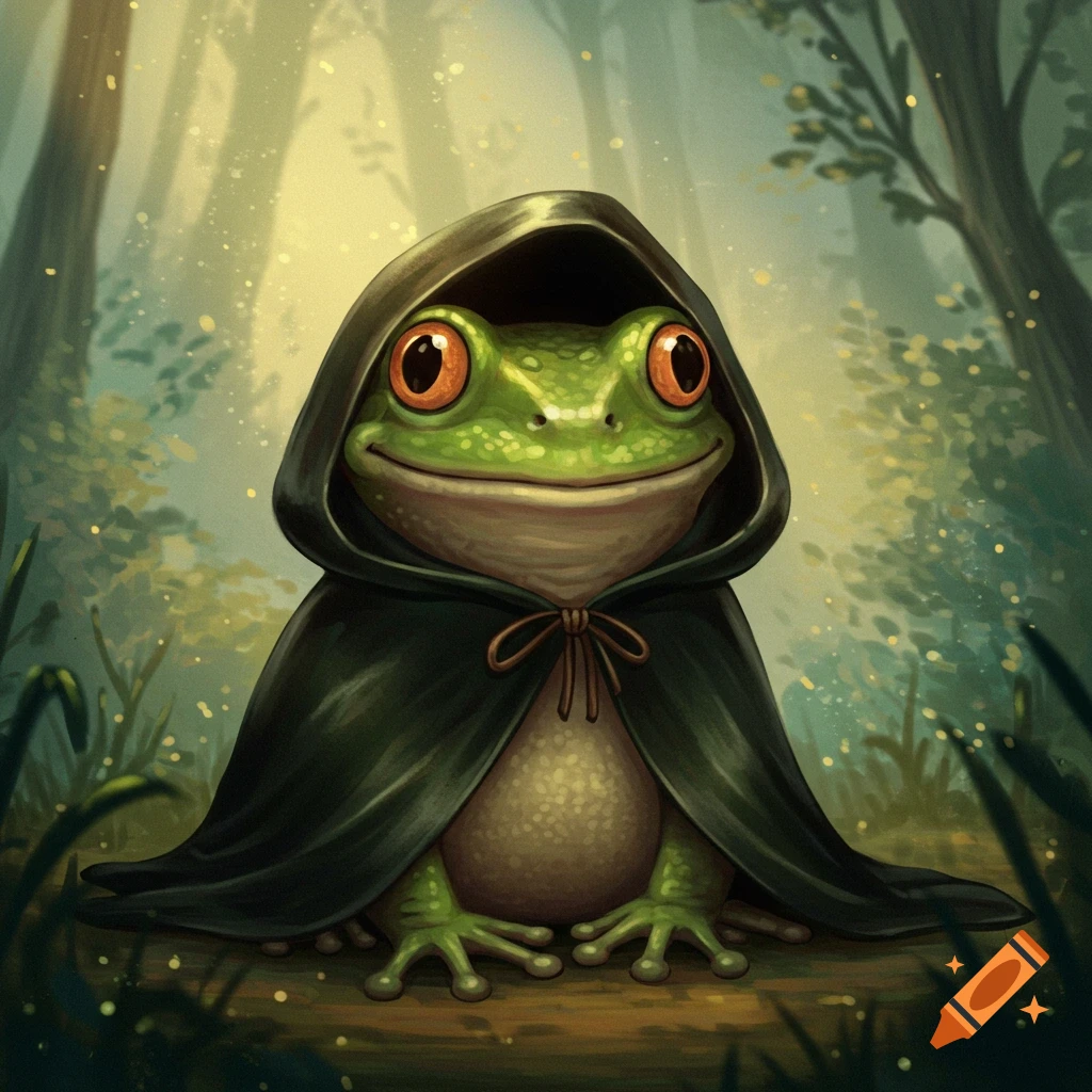 A frog wearing a hooded cape in a forest.
