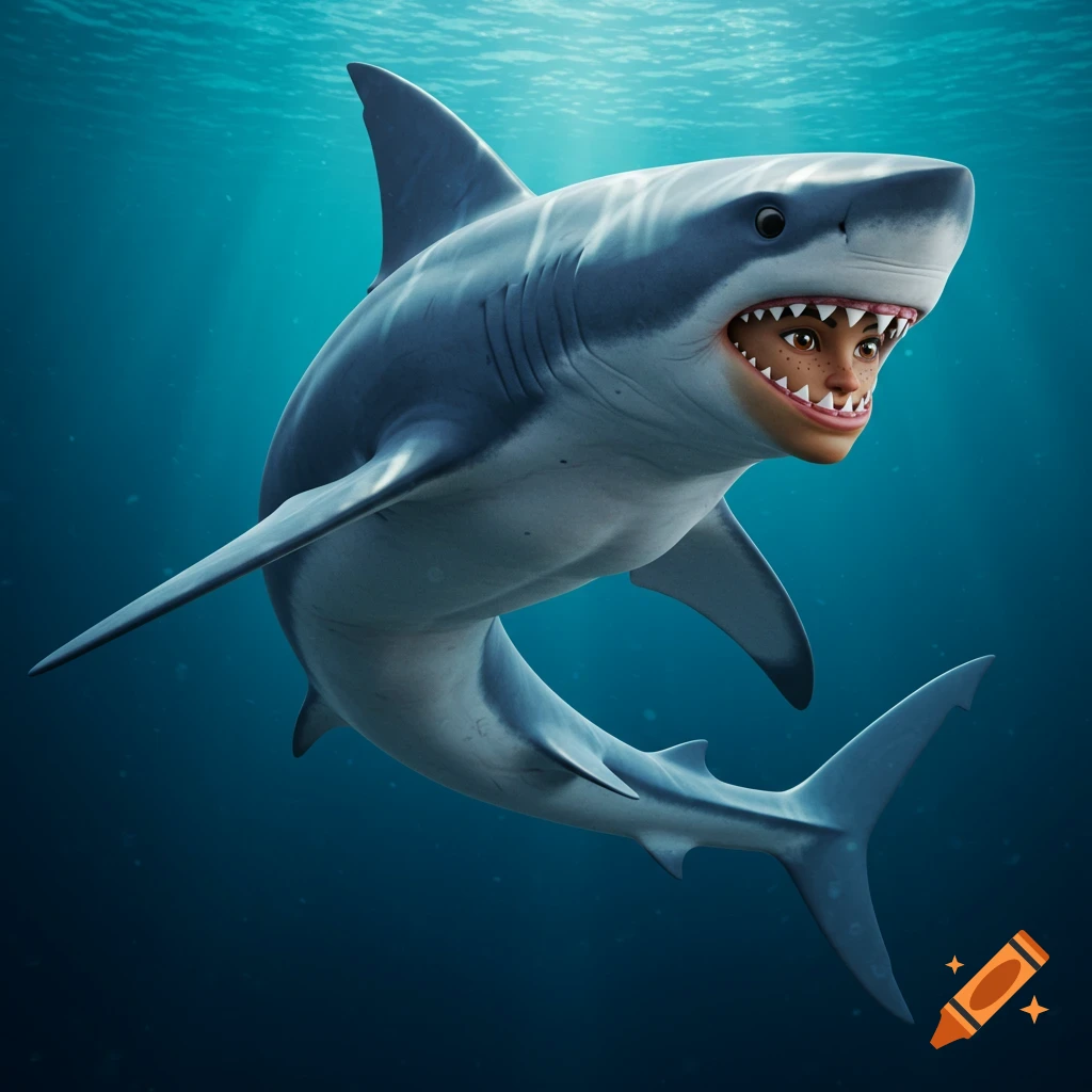 3D rendering of a shark with a human face swimming underwater