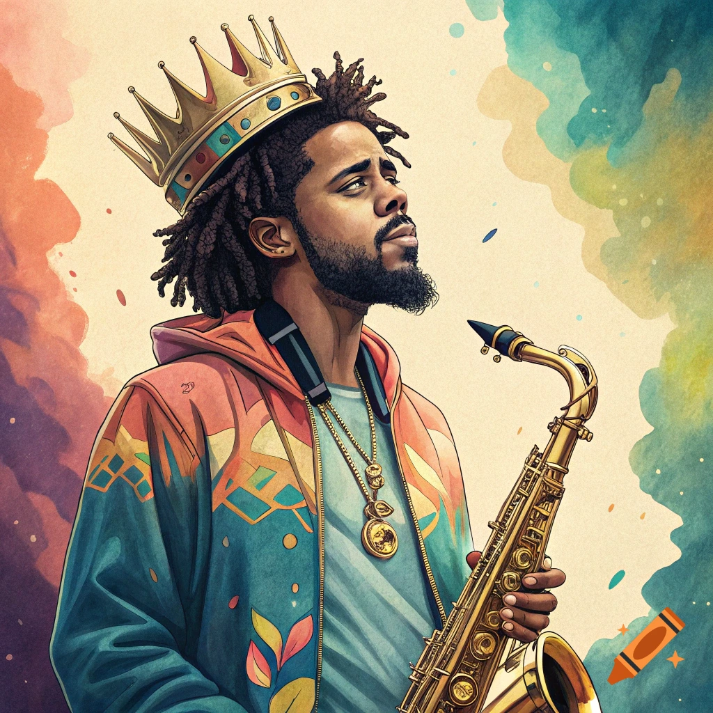 Illustration of a man with dreadlocks wearing a crown and colorful jacket, holding a saxophone, with a vibrant background.