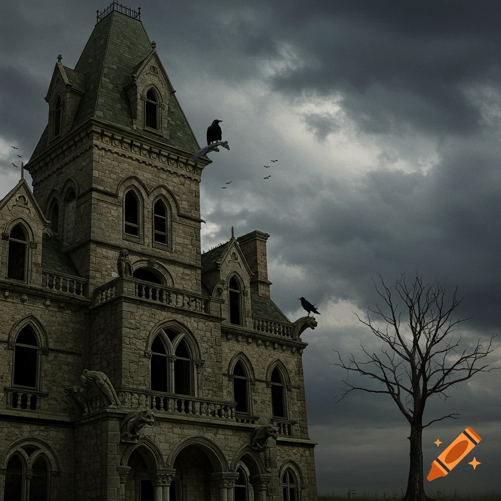 A dark, gothic mansion under a stormy sky, with crows perched on the roof and a dead tree.