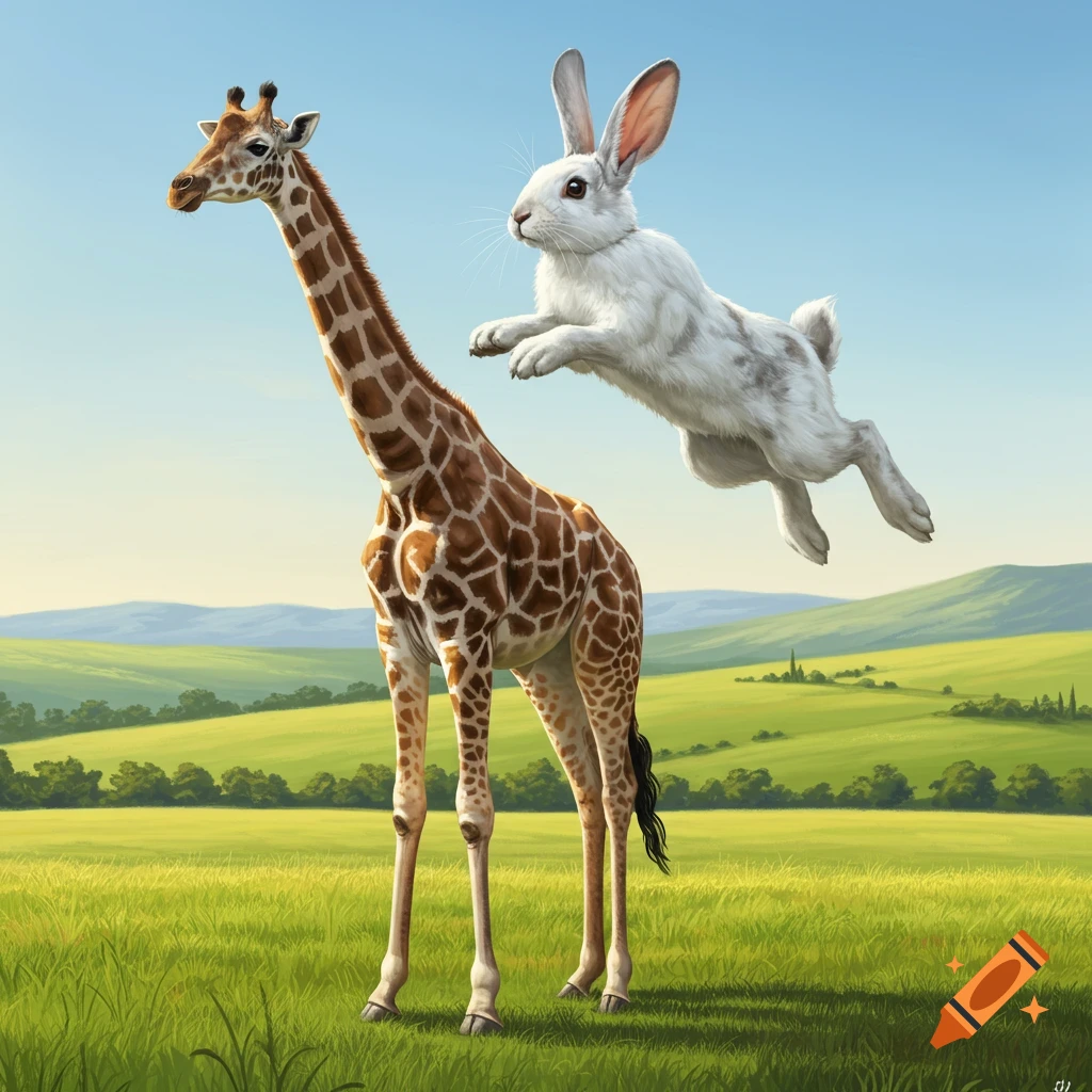 Realistic image of a giraffe standing in a field with a large white rabbit jumping over it.