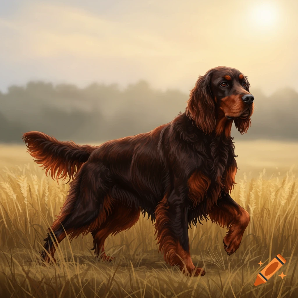 A Gordon setter dog standing in a field at sunset.