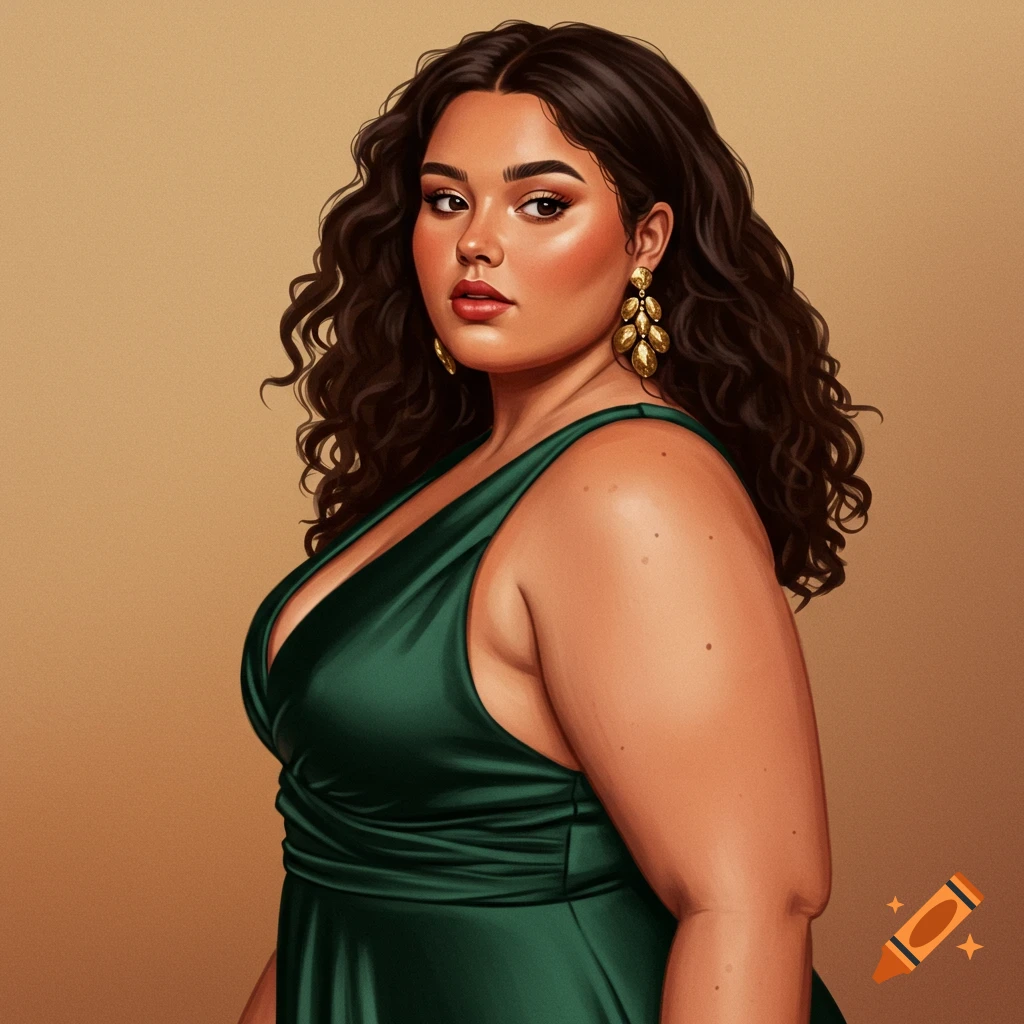 A woman with curly dark hair wears a green dress and large gold earrings.