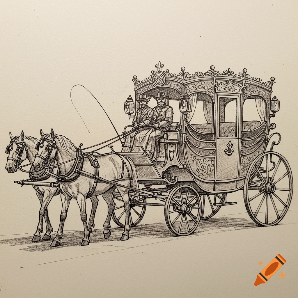 Hand-drawn pencil sketch of a horse-drawn carriage pulled by two horses.