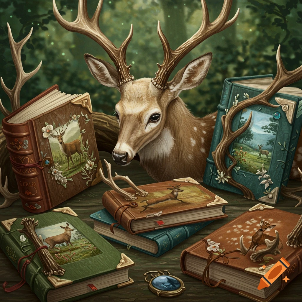 A deer surrounded by ornate books featuring deer imagery.