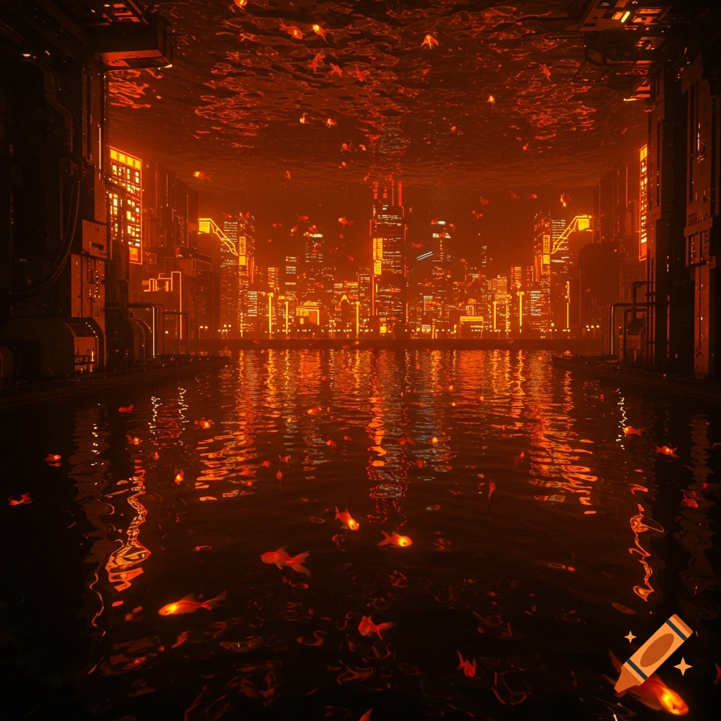 An orange-toned view of a futuristic cyberpunk city reflected in water filled with glowing goldfish.