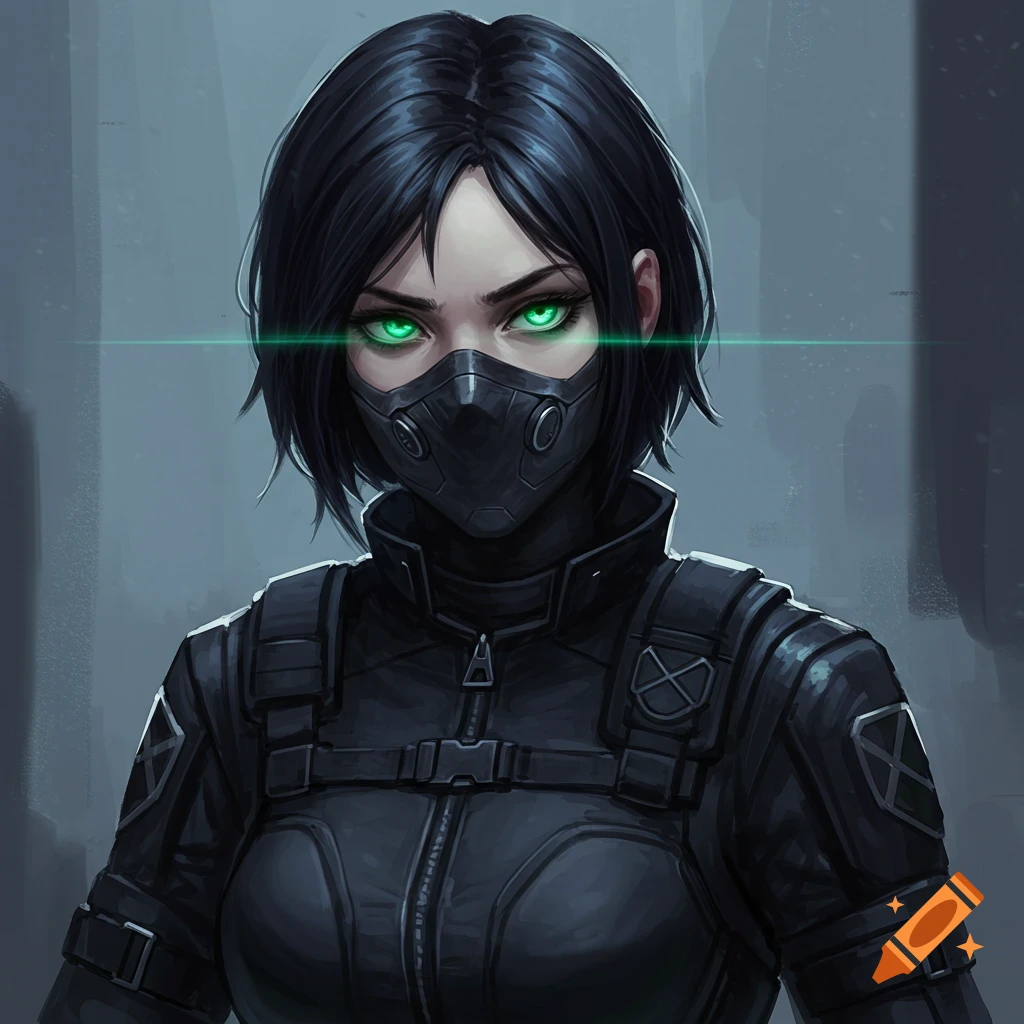 A young woman with short black hair, bright green eyes, and a black mask, wearing a tactical suit.
