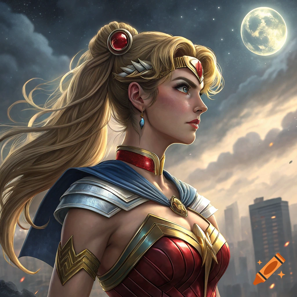 Sailor Moon Wonder Woman fusion standing before a city skyline at night under a full moon, digital art.