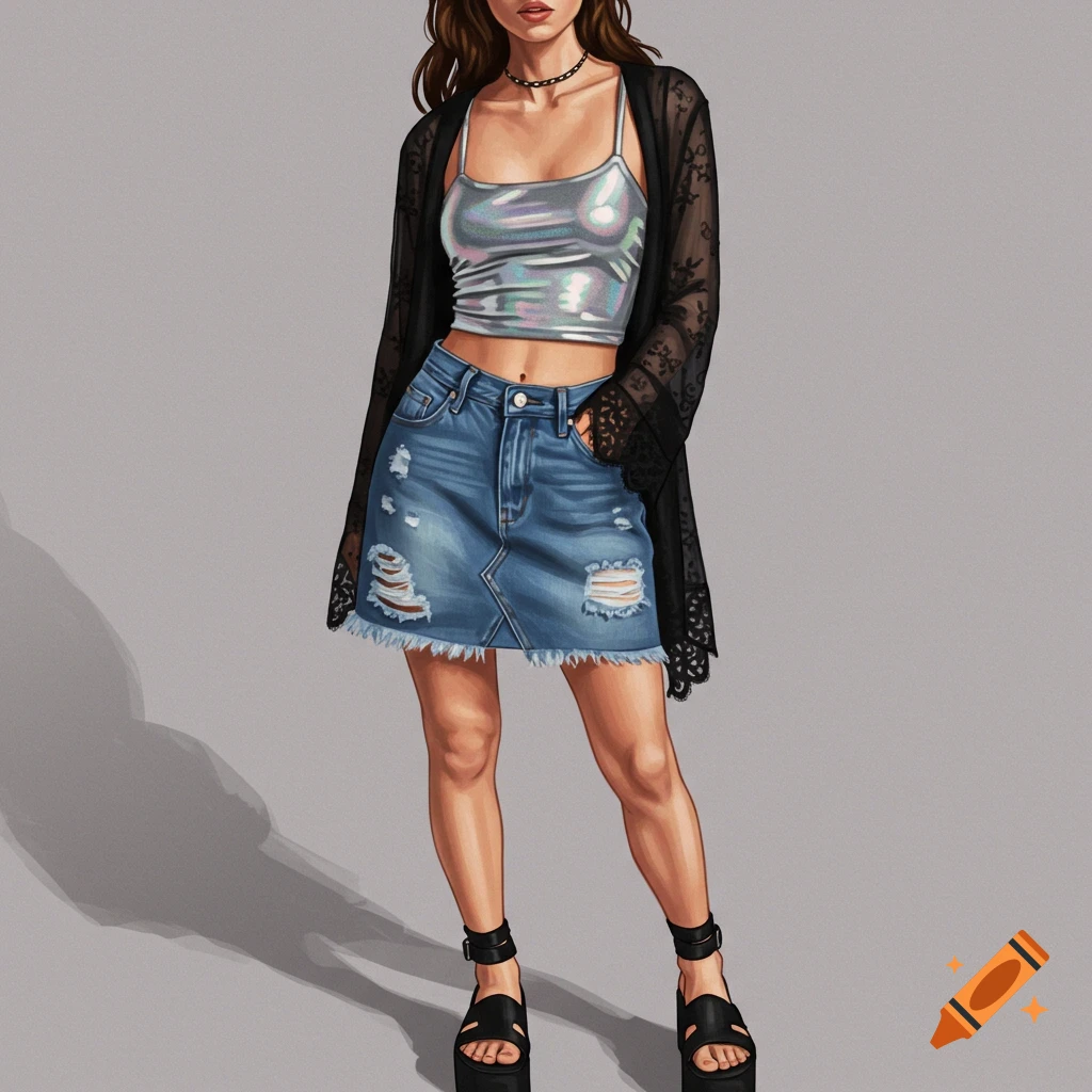 A woman wearing a metallic crop top, distressed denim mini skirt, sheer black cardigan, and platform sandals.