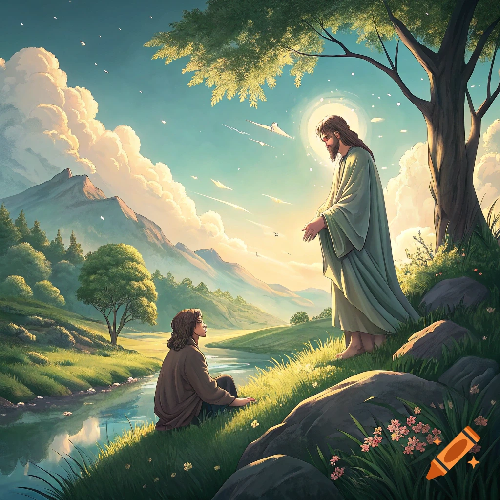 Ghibli-style anime of Jesus standing over a seated person by a river in a mountain landscape.