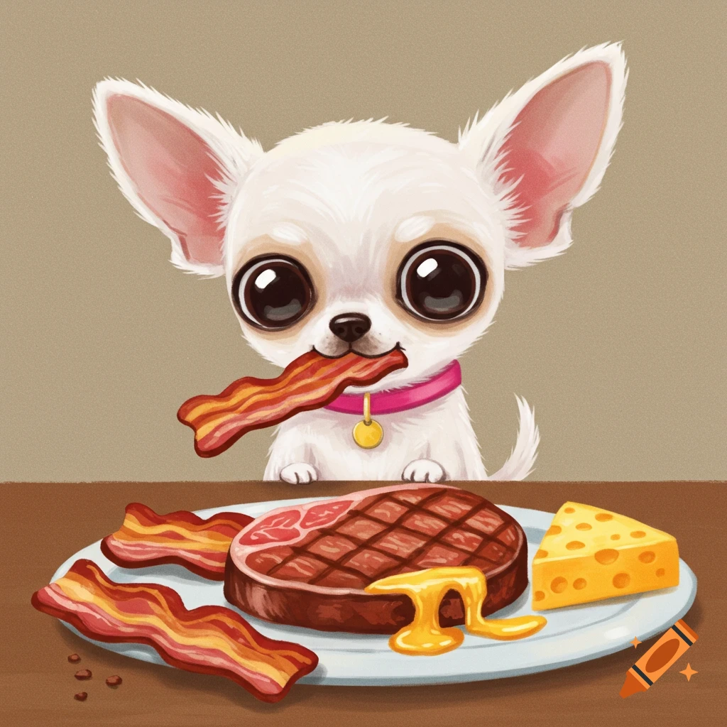A cute chihuahua eating bacon with steak and cheese on a plate.
