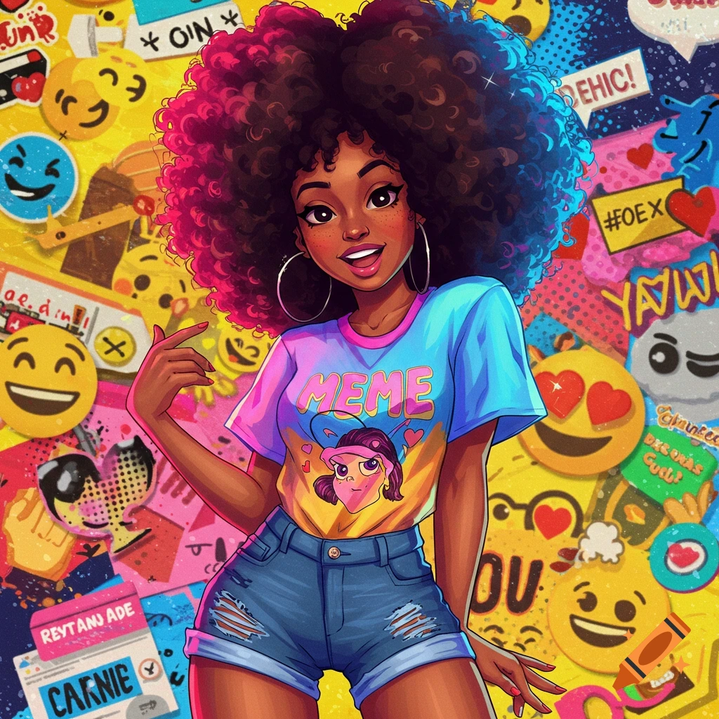 A cartoon of a young Black woman with a large afro, wearing a t-shirt and denim shorts, standing in front of a bright, chaotic background of emojis and text.