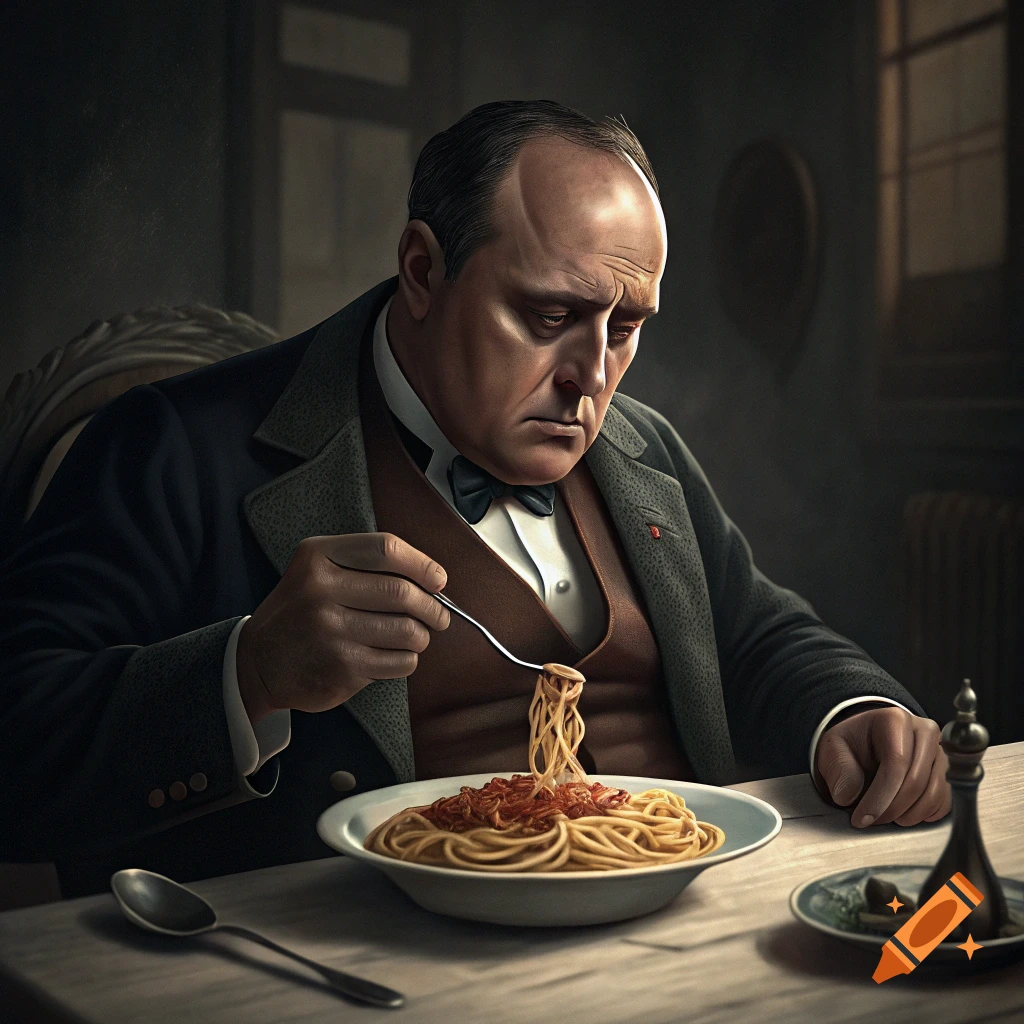 A realistic portrait of a man in a suit and bow tie eating a plate of pasta at a table in a dimly lit room.