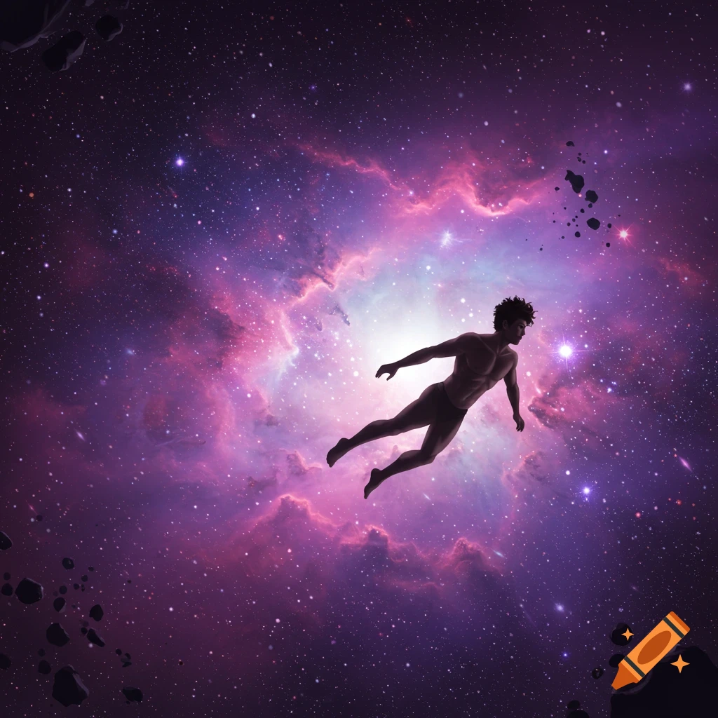 A man floats through space near a bright purple and pink nebula.