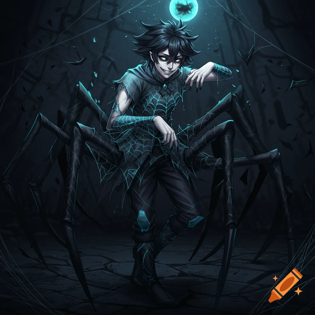 An anime character with spider legs in a dark setting with spiderwebs.