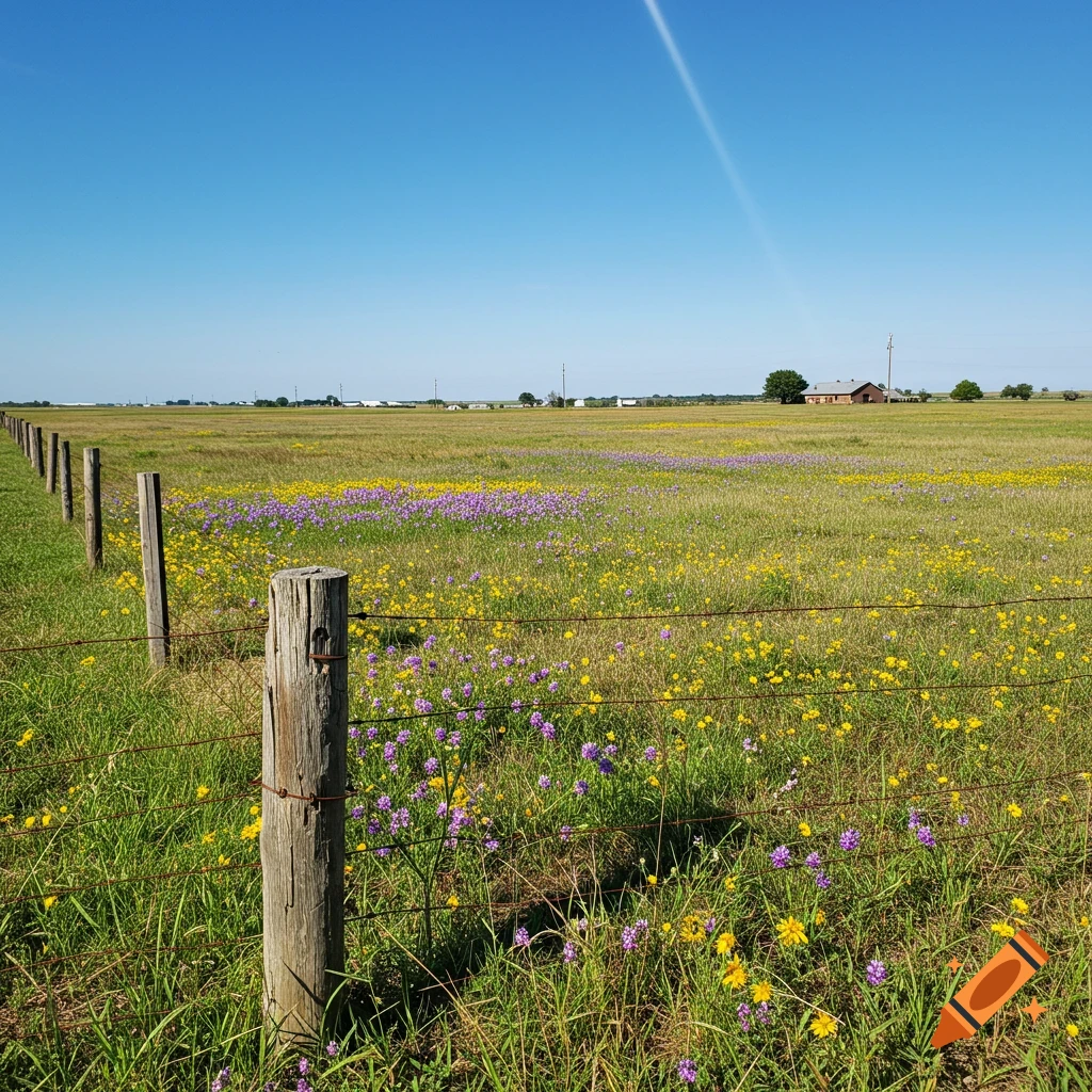 A field of yellow and purple wildflowers stretches to the horizon under a blue sky, with a barbed wire fence in the foreground.