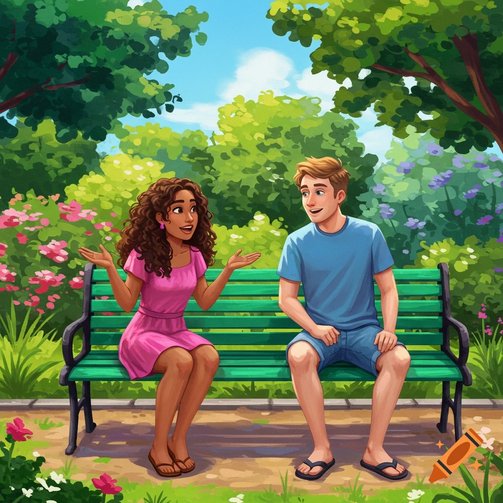 A man and woman are talking on a park bench surrounded by trees and flowers.