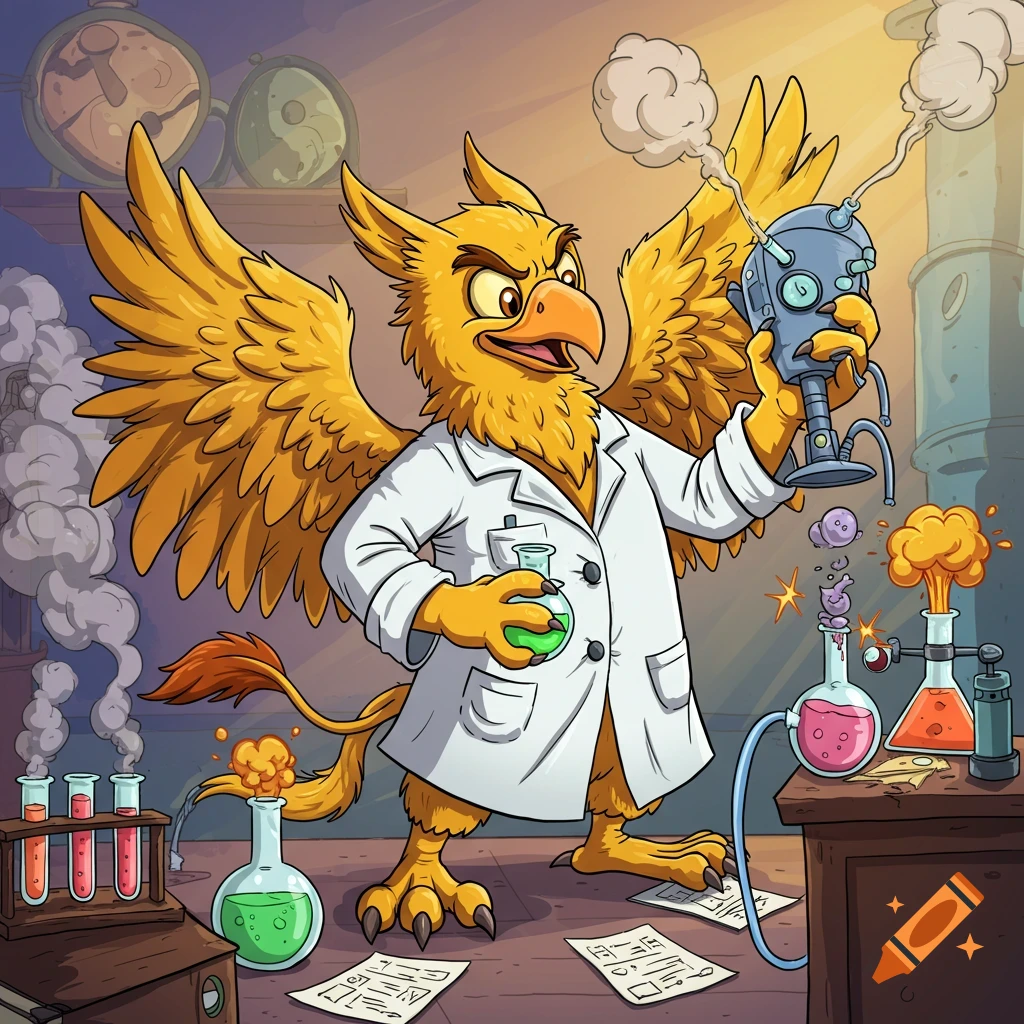 Cartoon gryphon in a lab coat holding a beaker of green liquid and looking at a science apparatus in a cluttered lab.