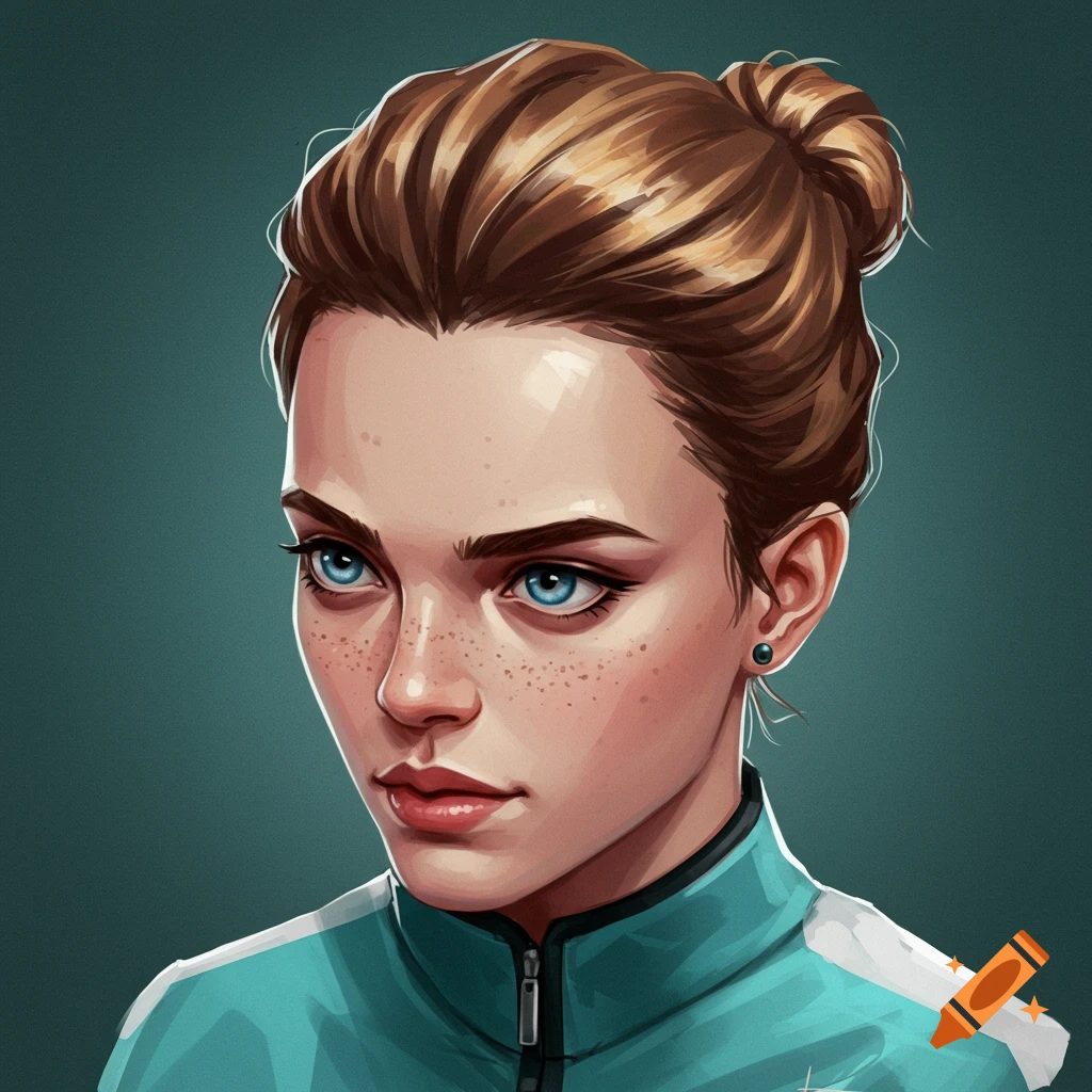 Portrait of a young woman with blue eyes and freckles.
